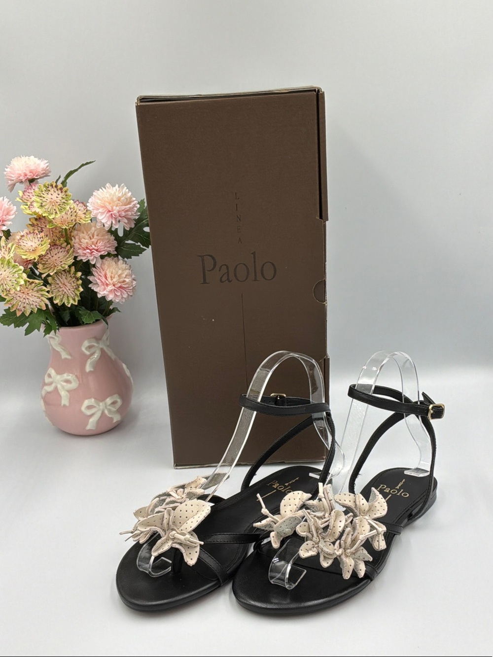 Paolo Black Sandals with Cream Floral Appliqués